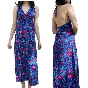 SOLD Vintage Hawaii Nei Flower Power Floral Purple Blue Pink Halter Maxi Dress